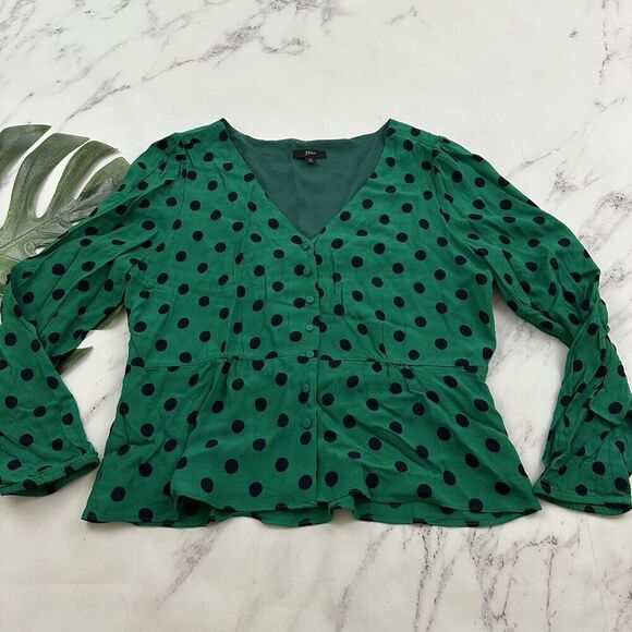 J.Crew Crepe Peplum Top Size 14 Green Blue Polka Dot Button Trim Blouse - Picture 1 of 12
